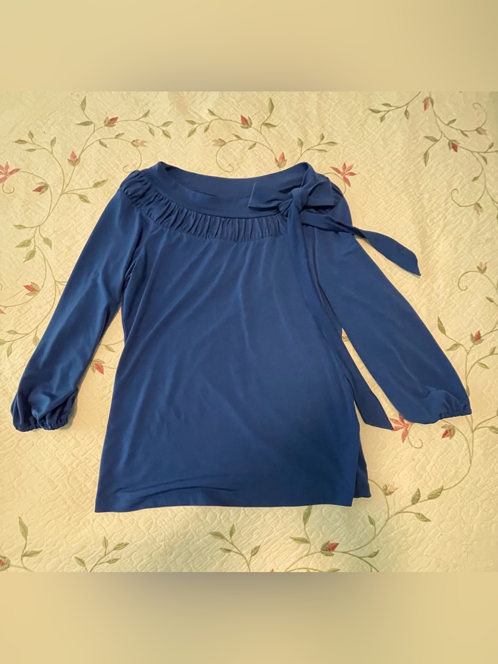 Navy Blue Long Sleeve Top with Bow Detail Accent
